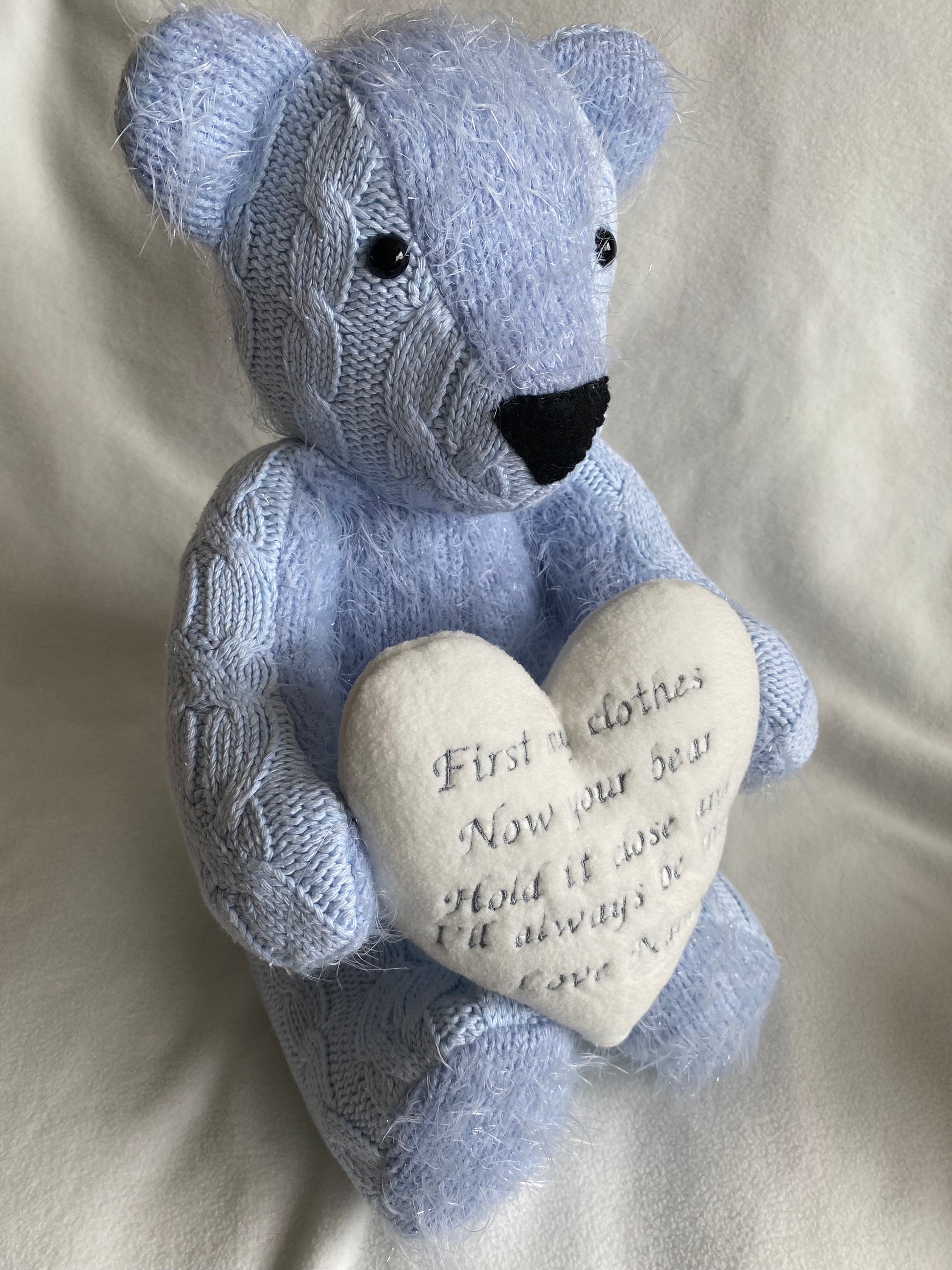 Memory bear with message in a heart Sweet Seams Keepsakes